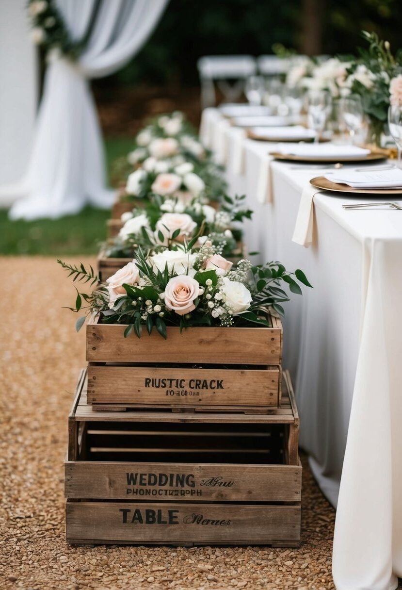 8) Rustic wooden crates filled with flowers