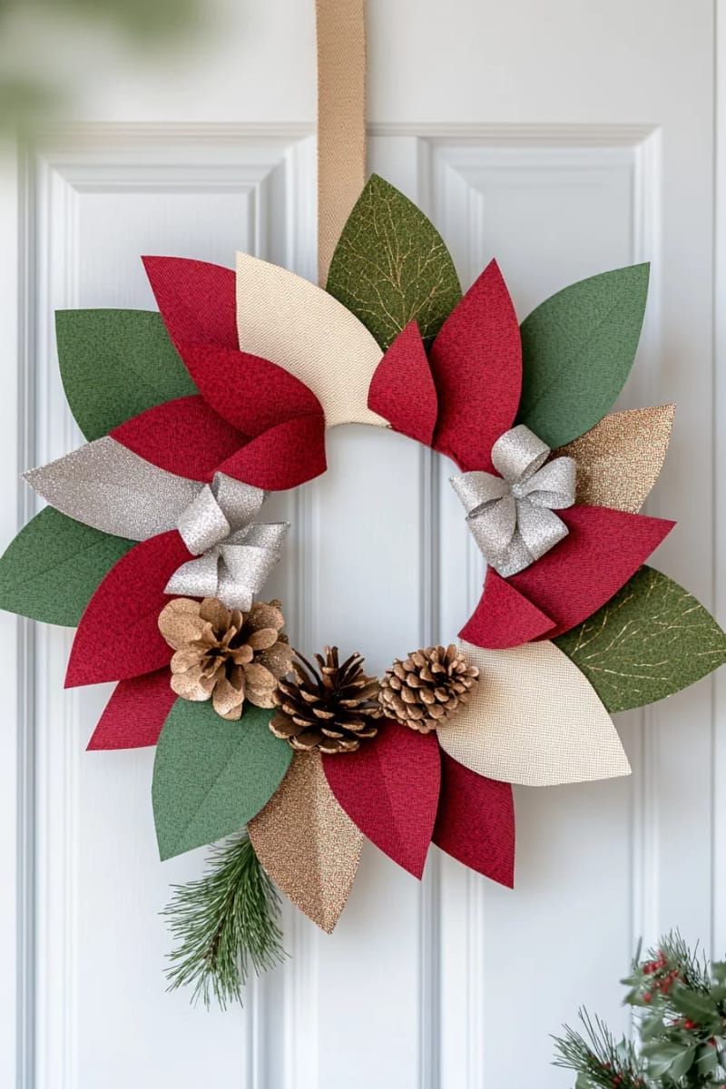 5. Red and green cardstock wreath with mini ribbon bows