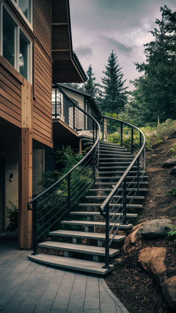 19) Curved Railing Built for a Sloped Yard