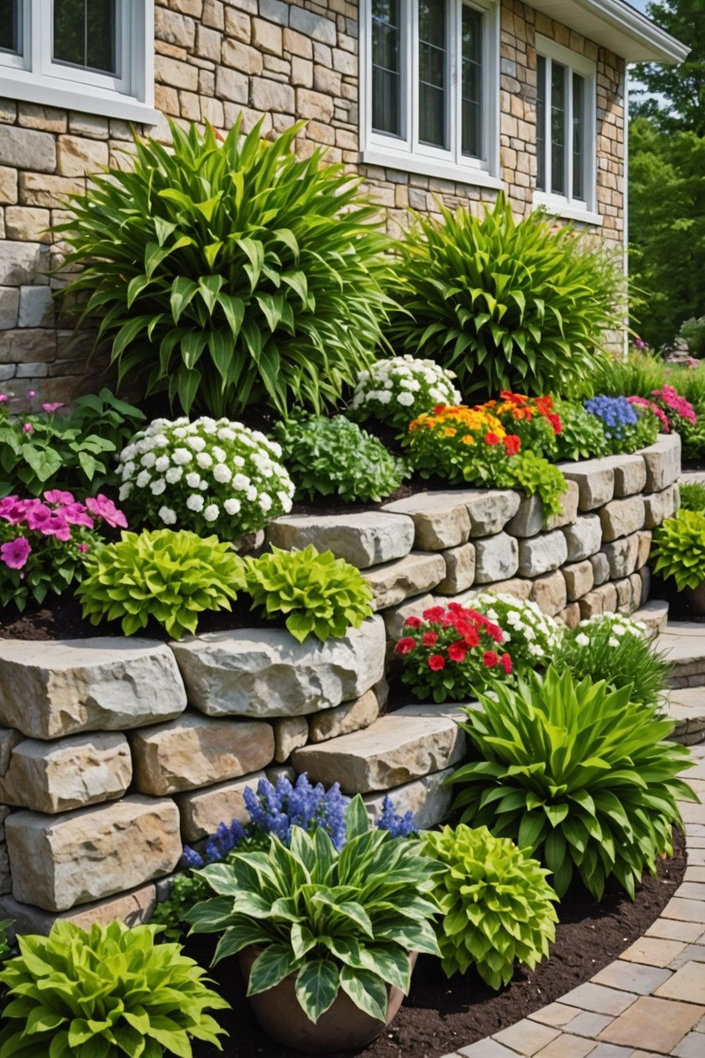 Natural Stone Wall with Tiered Planters