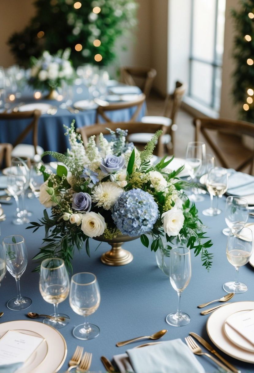6) Dusty blue floral centerpiece accents