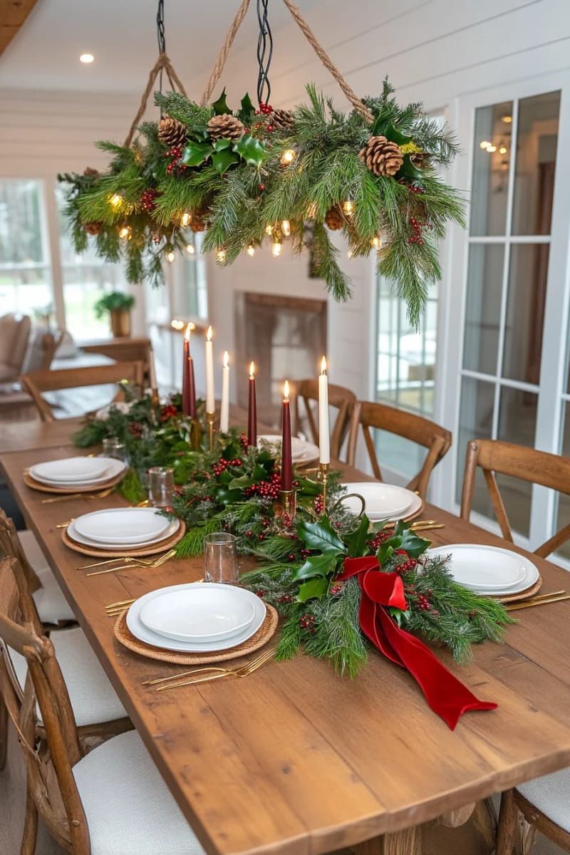 22. Pine Branch Chandelier With Velvet Ribbon