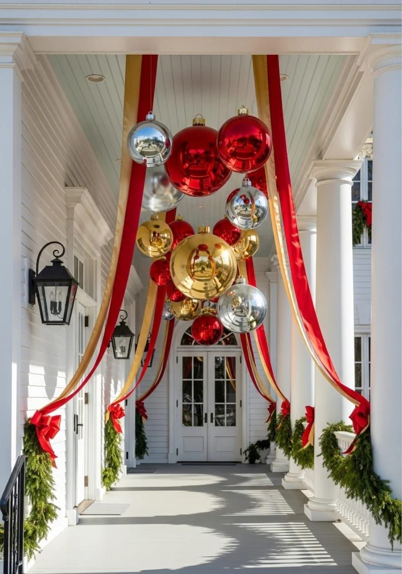 5. Ornaments and Ribbons Hung From Porch Ceilings