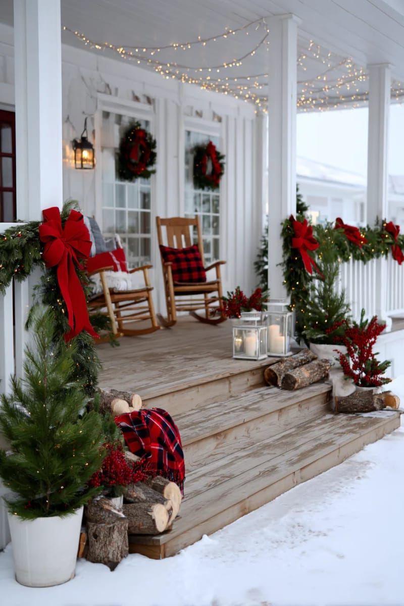2. Country-style staircase banister adorned with red velvet bows and pine garland - photo 2