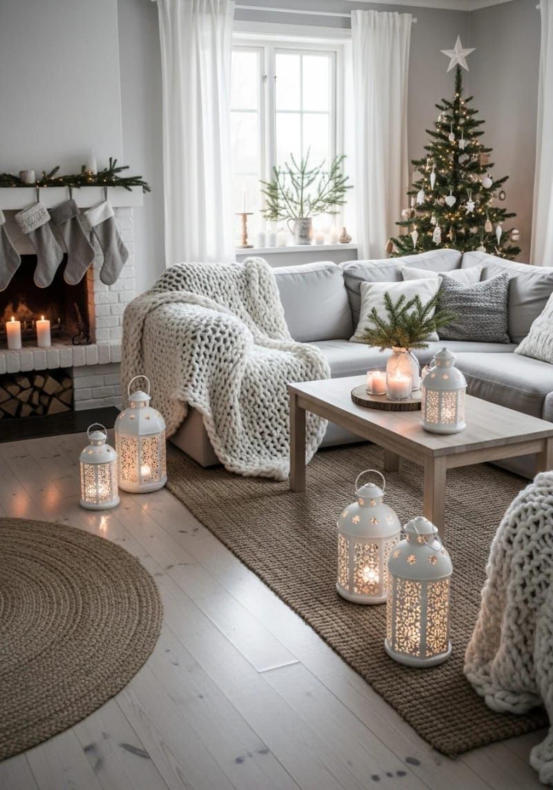 11. Scandinavian living room with knit throws and lanterns