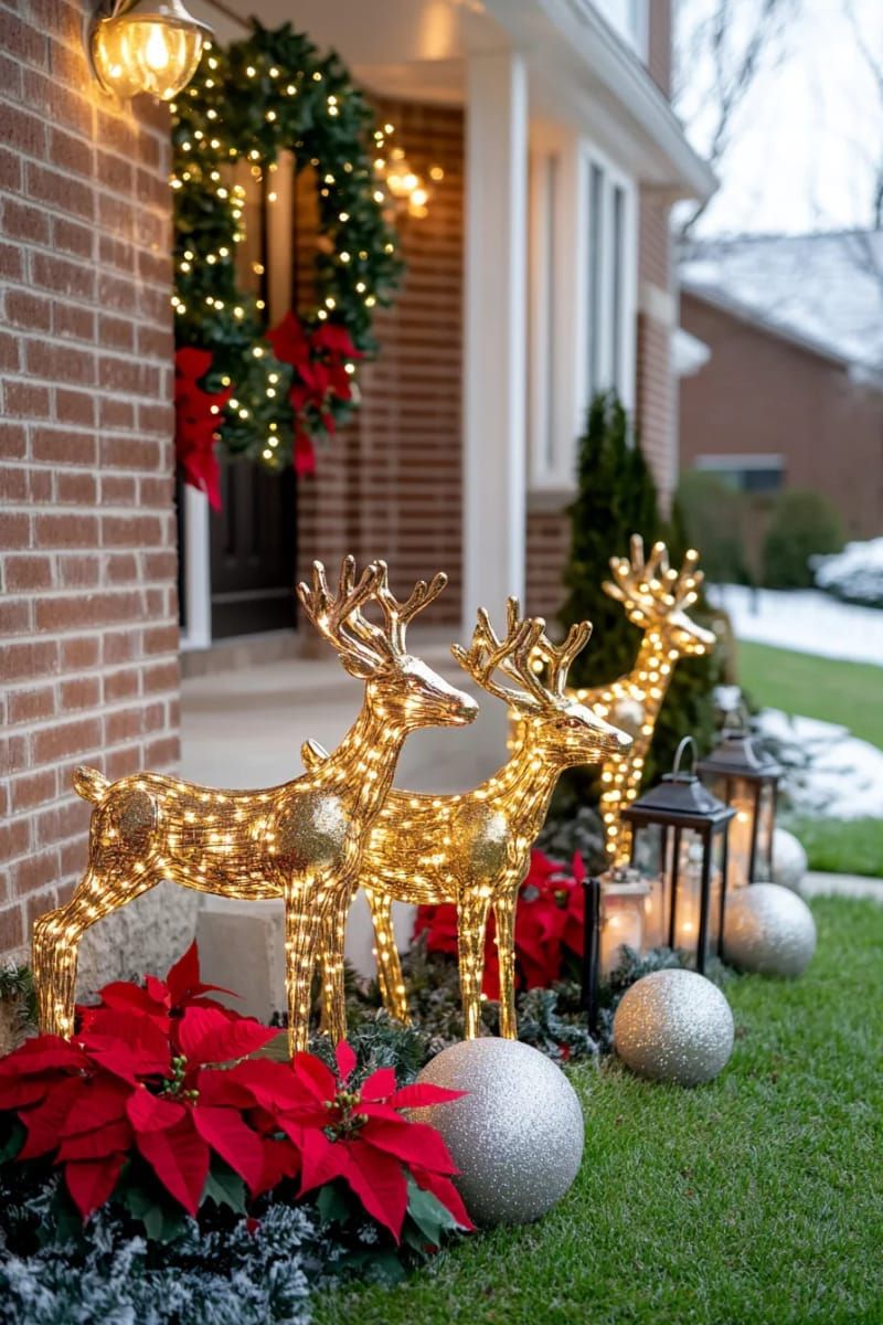 1. Fairy-lit golden reindeer family on the lawn - photo 3