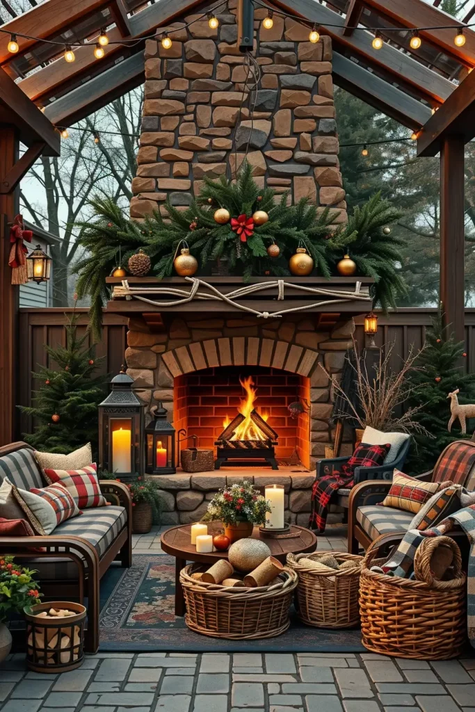 Decorating an Outdoor Fireplace for a Christmas Party
