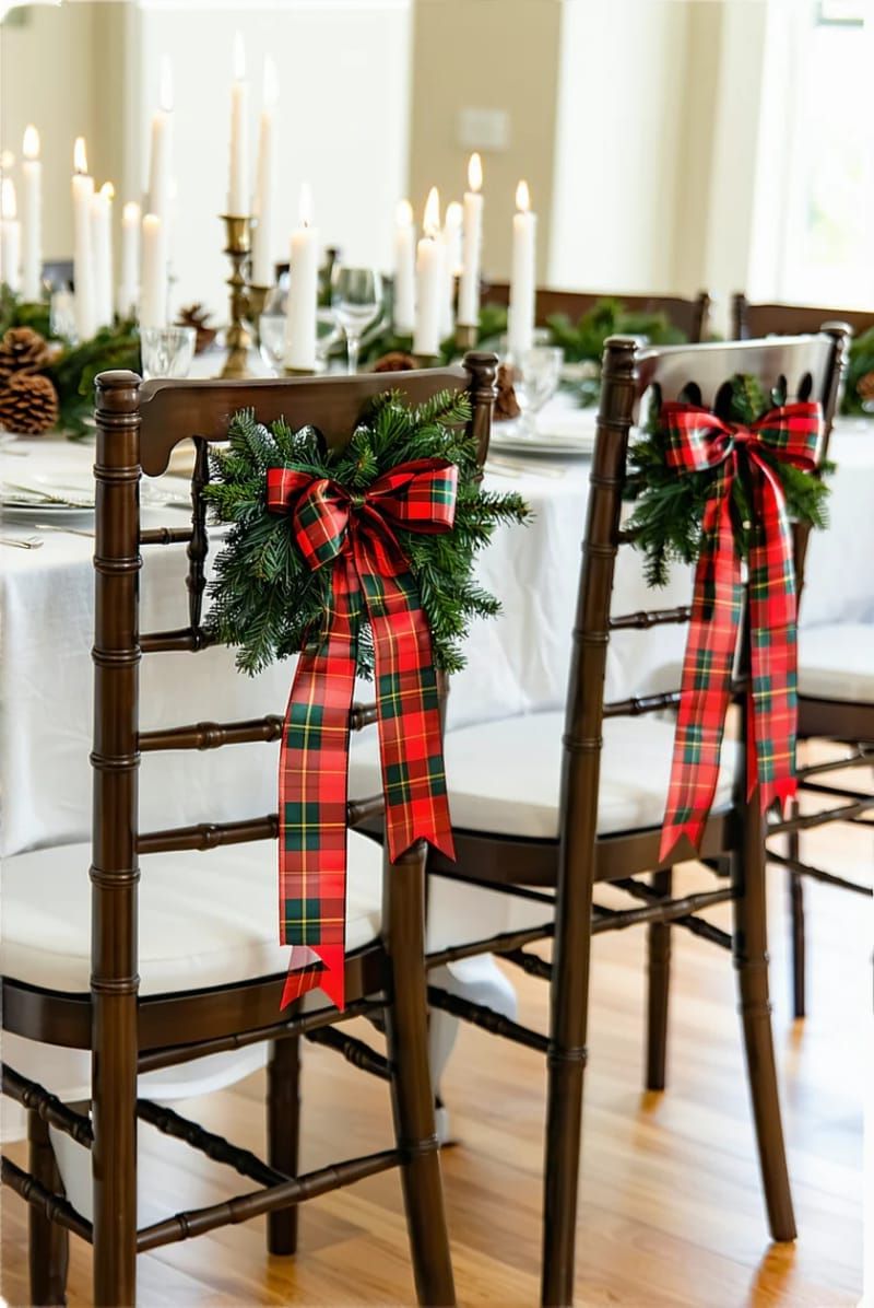 30. Mini Wreaths Tied to Dining Chairs With Tartan Ribbon