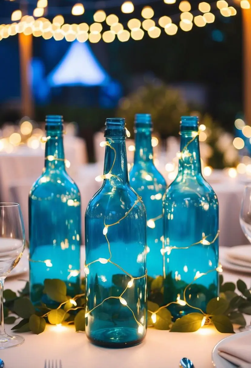 2) Blue Glass Bottles with Fairy Lights