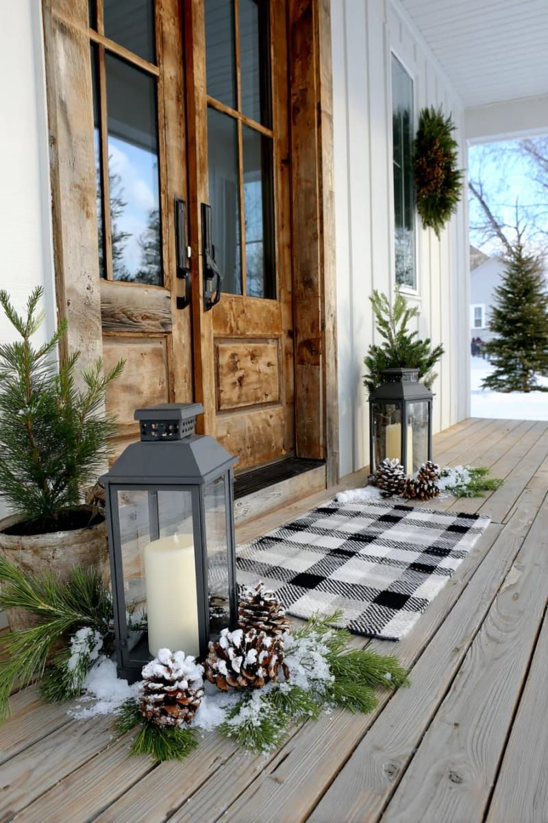 1. Checkered Doormat with Black Lanterns and Pine Cones - photo 2