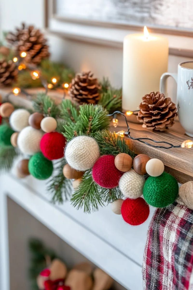 16. Holiday garland using felted wool sweater scraps and wooden beads