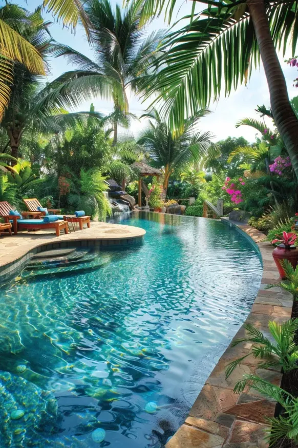 Tropical Pool Ideas with Waterfall and Gardens
