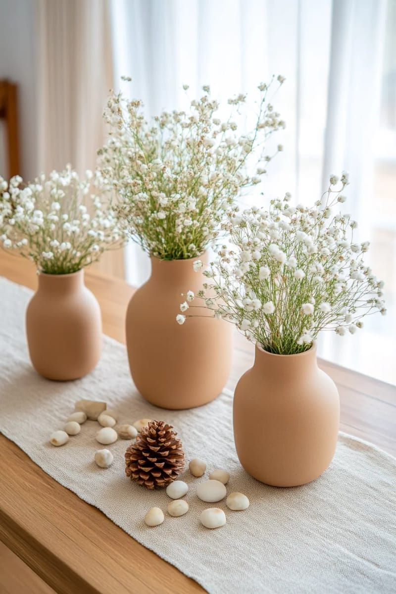 20. Matte Vases With Baby's Breath and Pine
