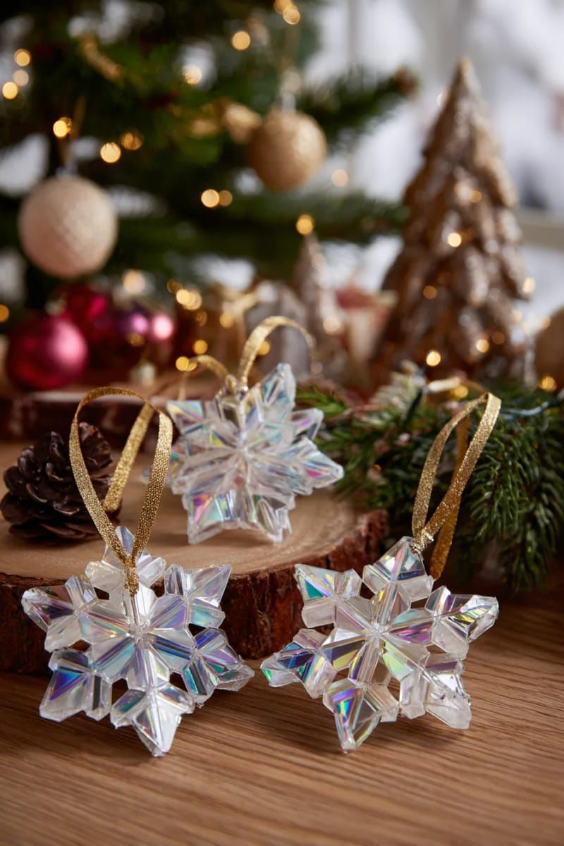 15. Glimmering CD shard snowflake decorations with ribbon attachments