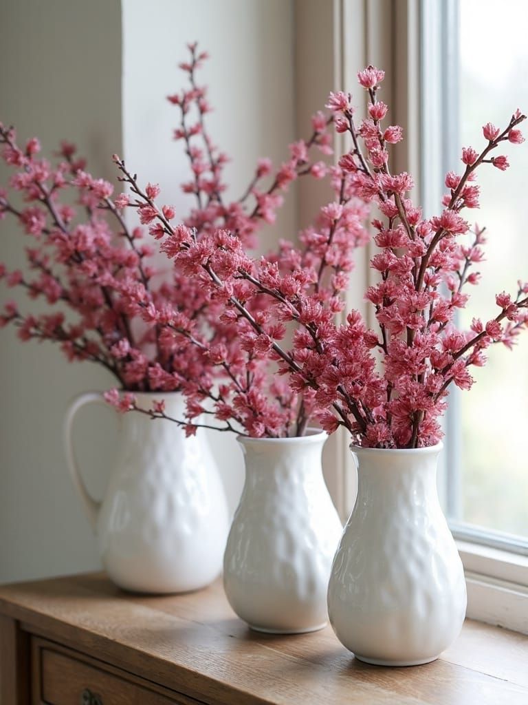 Pair White Vases With Faux Pomegranate Branches