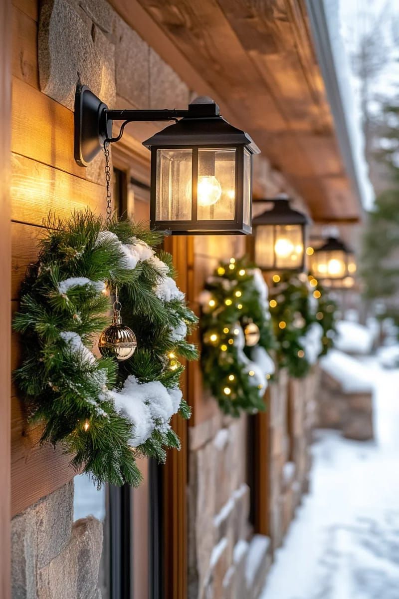 31. Snow-Covered Wreaths With Bells on Outdoor Lanterns