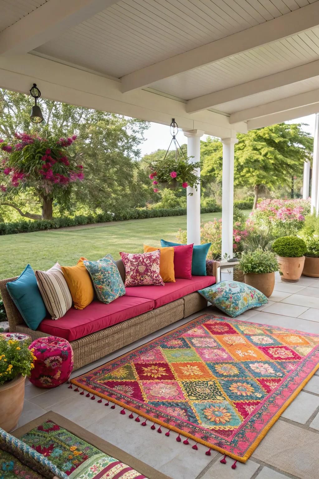 8. Layer in Vibrant Outdoor Rugs