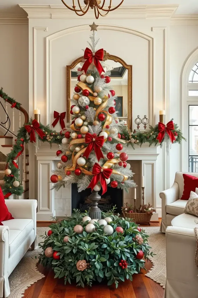 Matching Red and Silver Wreaths with Garlands