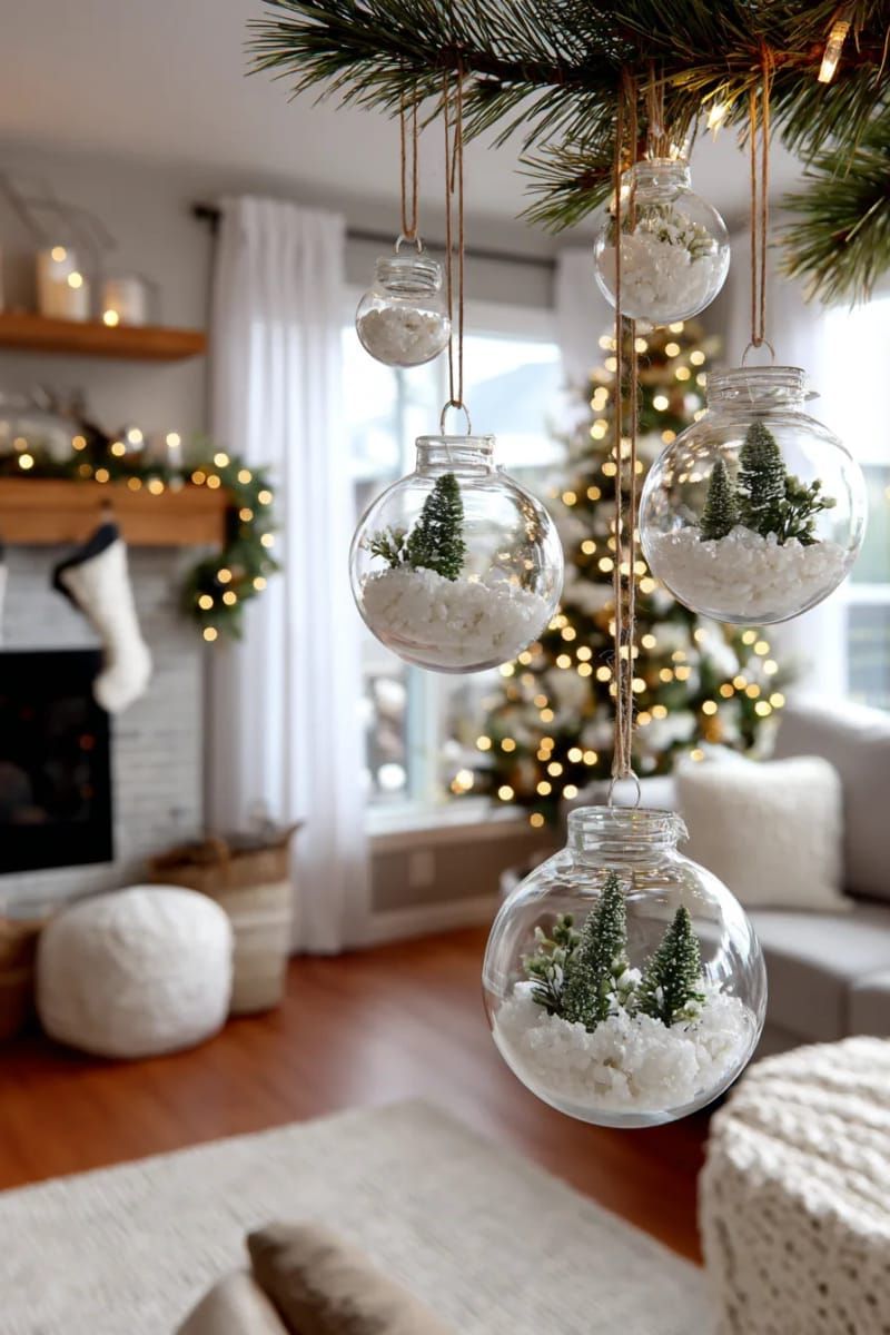 4. Suspended glass decorations containing artificial snow and miniature bottle brush trees - photo 2