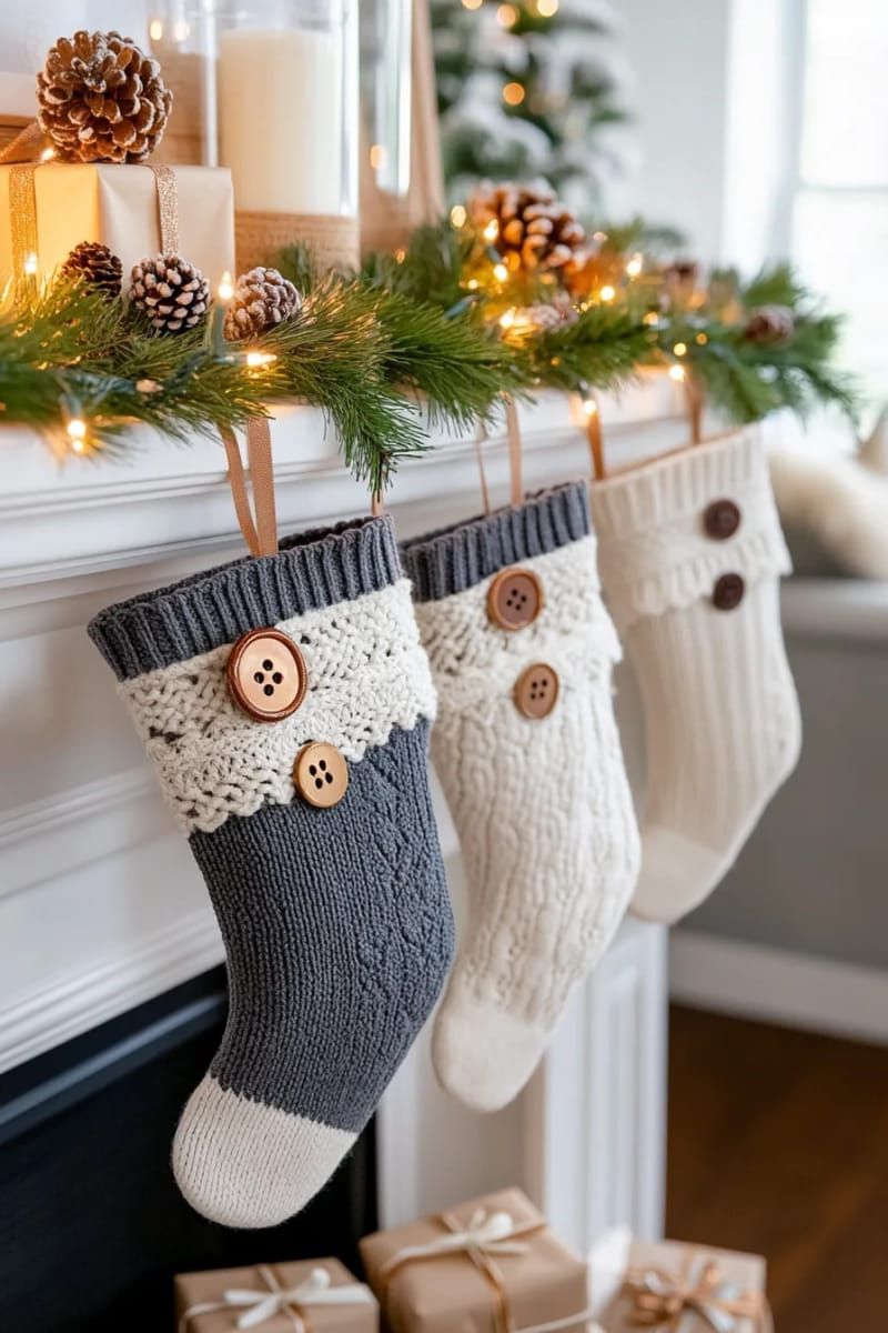 22. Lace and button-decorated Christmas stockings made from sweater sleeves - photo 2