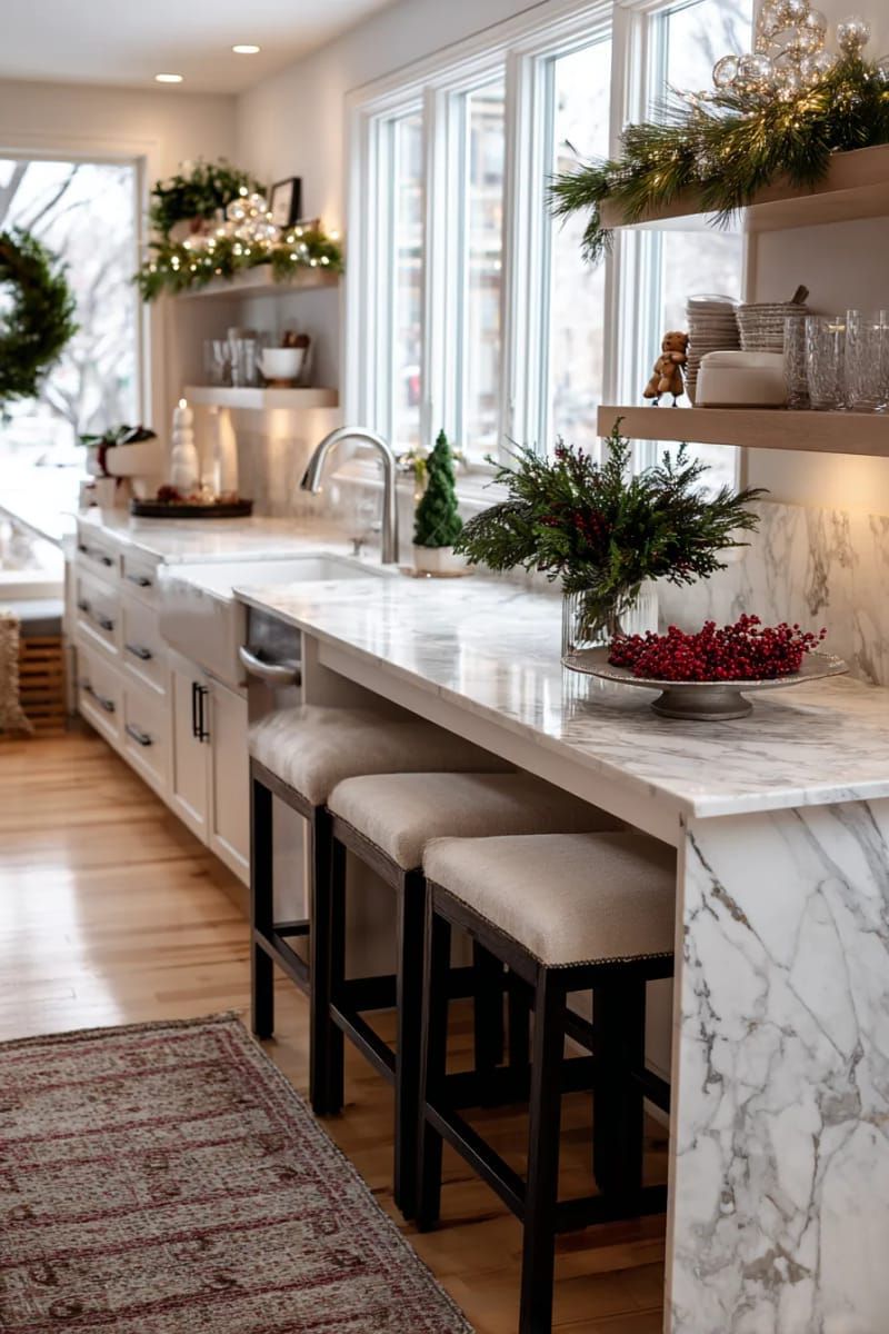 17. Frosted pine garland intertwined with open kitchen shelves - photo 2