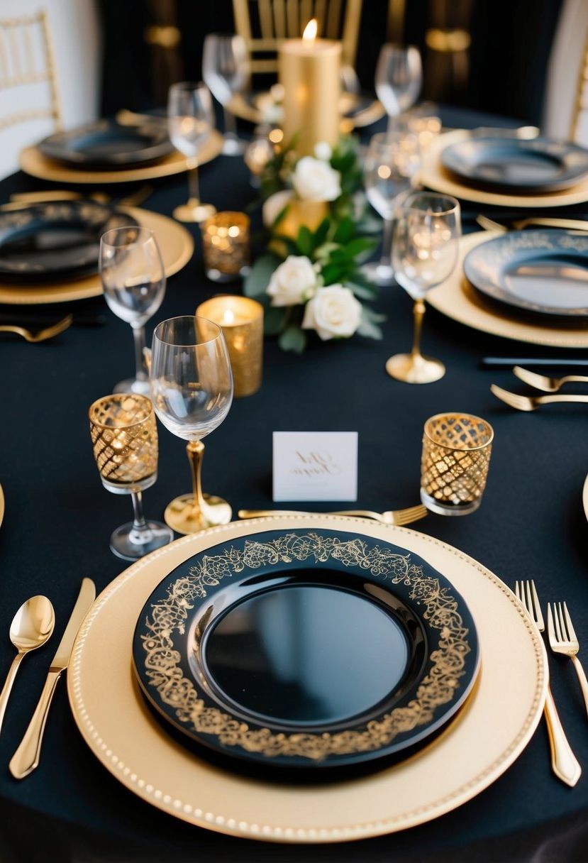 13) Gold chargers with black dinnerware sets
