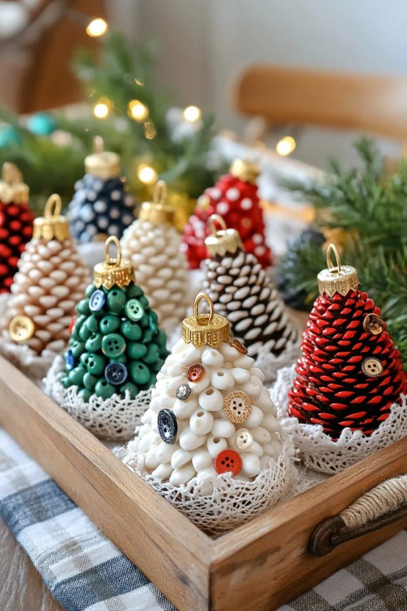 5. Christmas trees made of pinecones adorned with retro buttons and beads