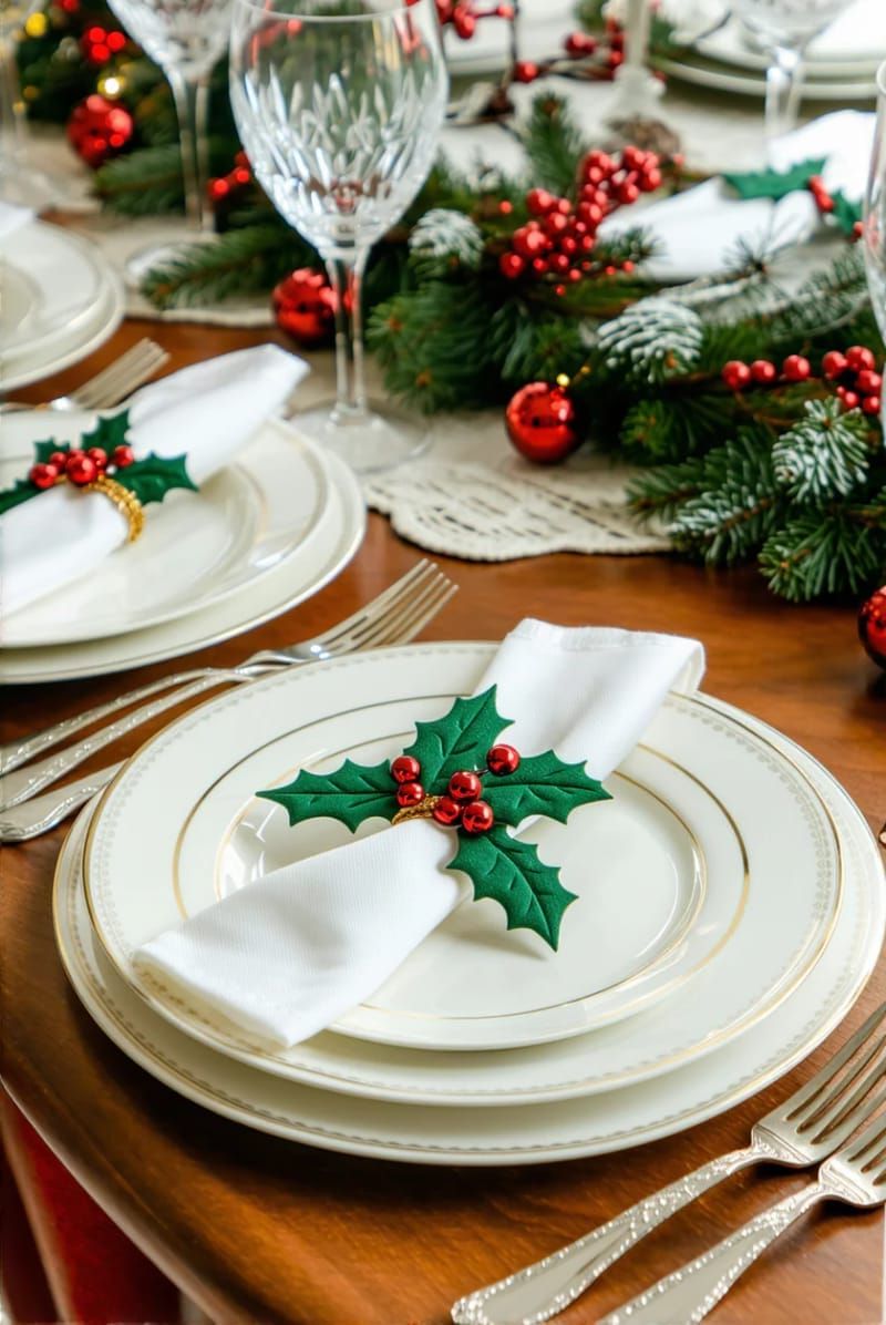 2. Gold-rimmed plates with holly napkin rings - photo 3
