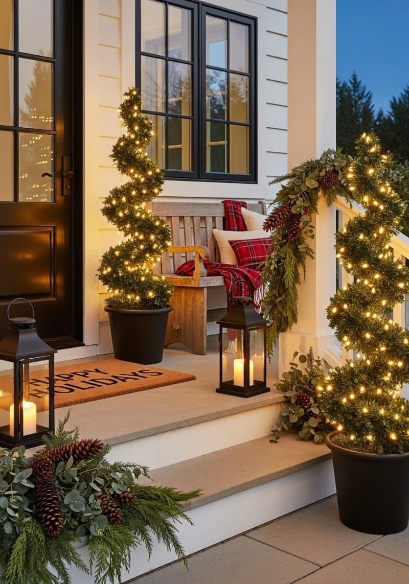 14. Spiral Topiaries with Lights Framing the Steps