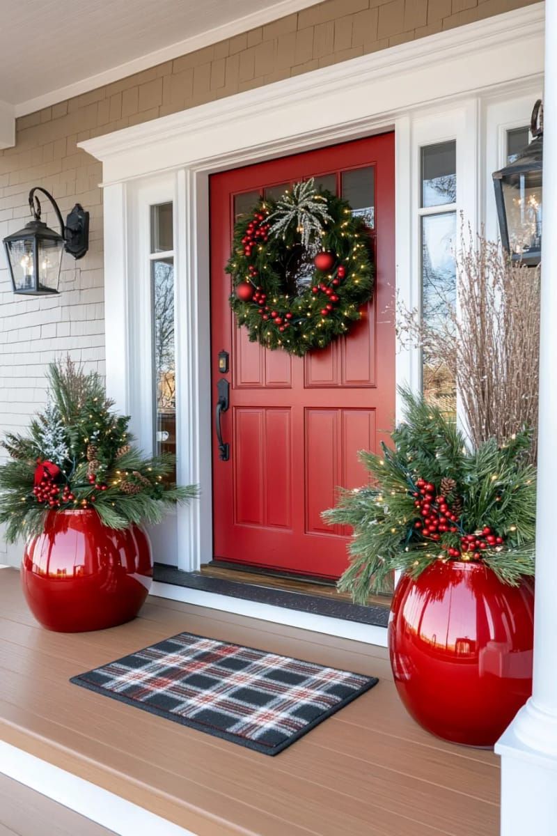 1. Red ornament planters with pine by the front door - photo 2
