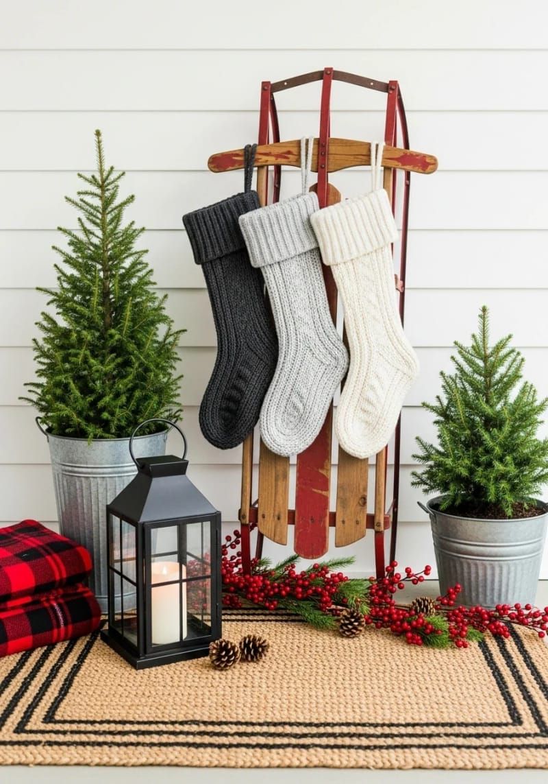 6. Antique Sled with Knitted Stockings on Display