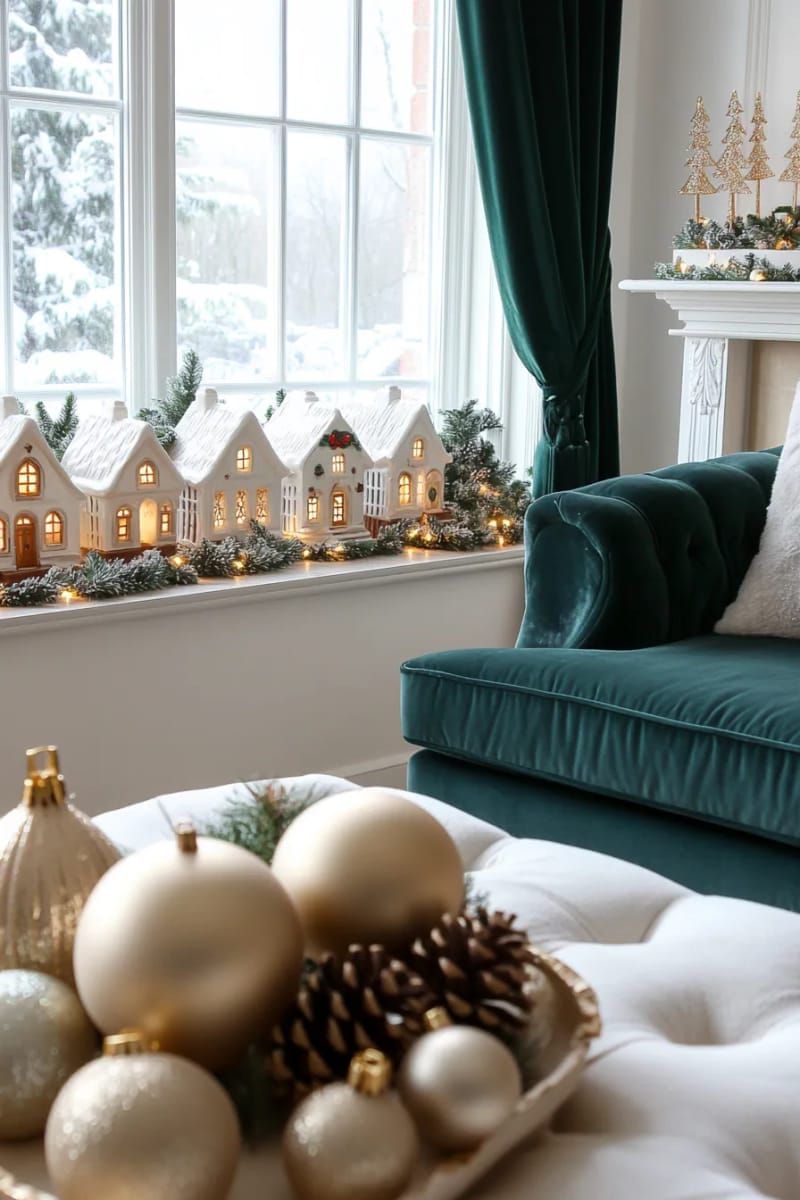 1. Mini ceramic Christmas village glowing on windowsill with twinkle lights - photo 2
