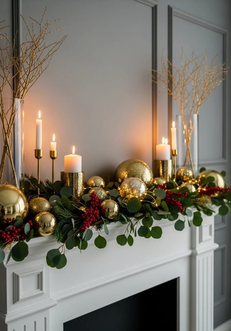 29. Gold-accented mantel with eucalyptus and berries - photo 2