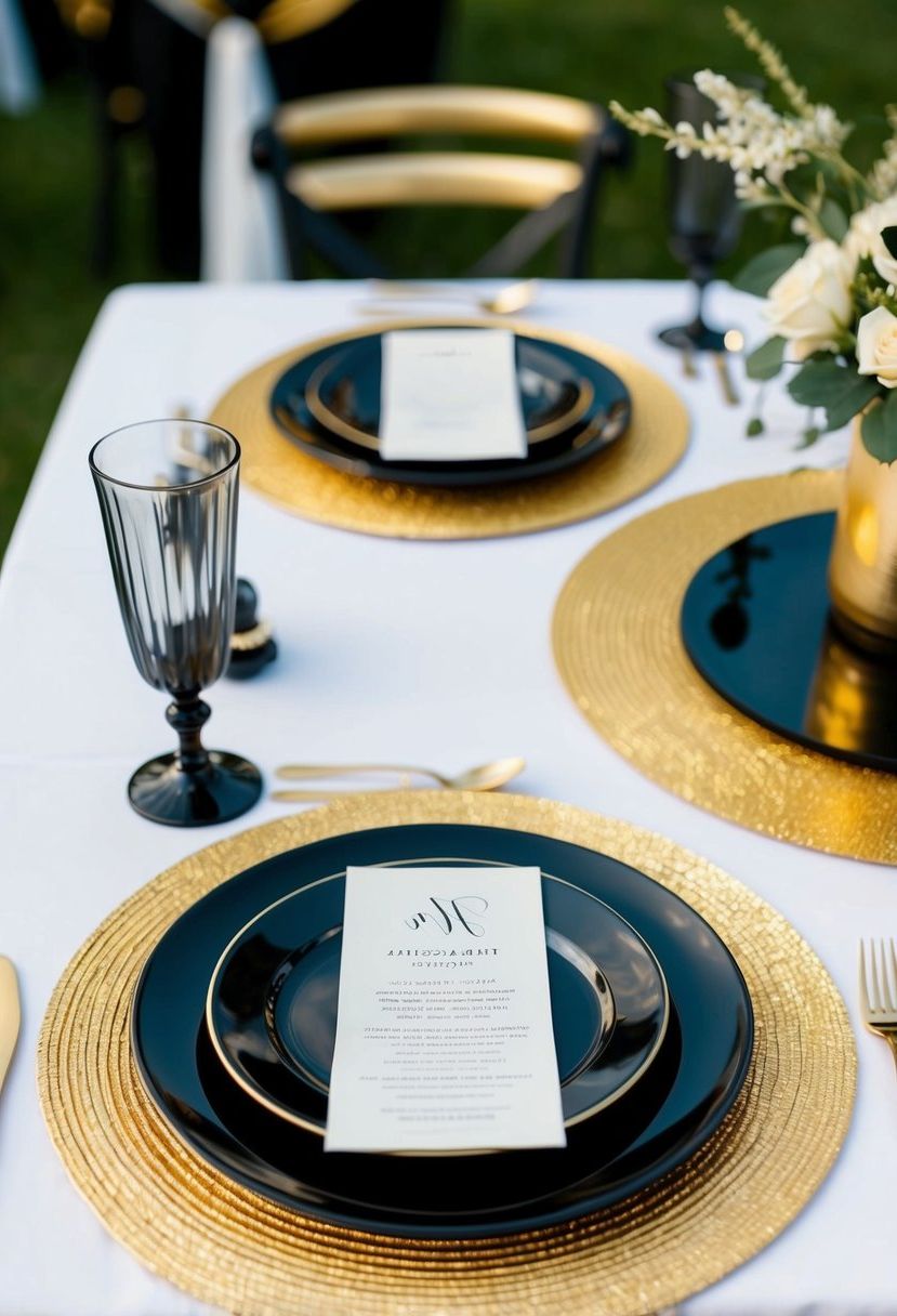 10) Gold placemats under black dinnerware