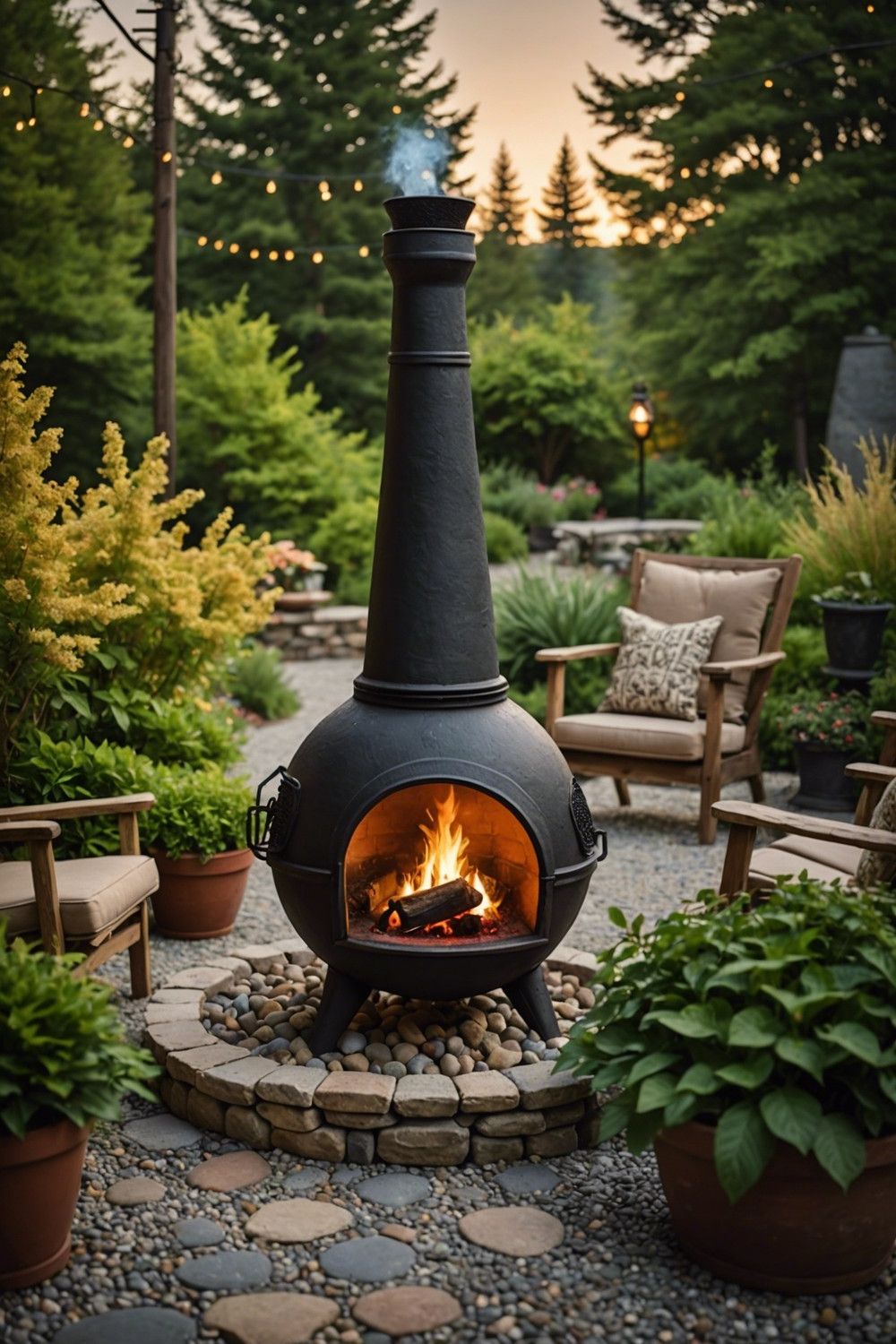 Rustic Chiminea on a Pebble Stone Patio