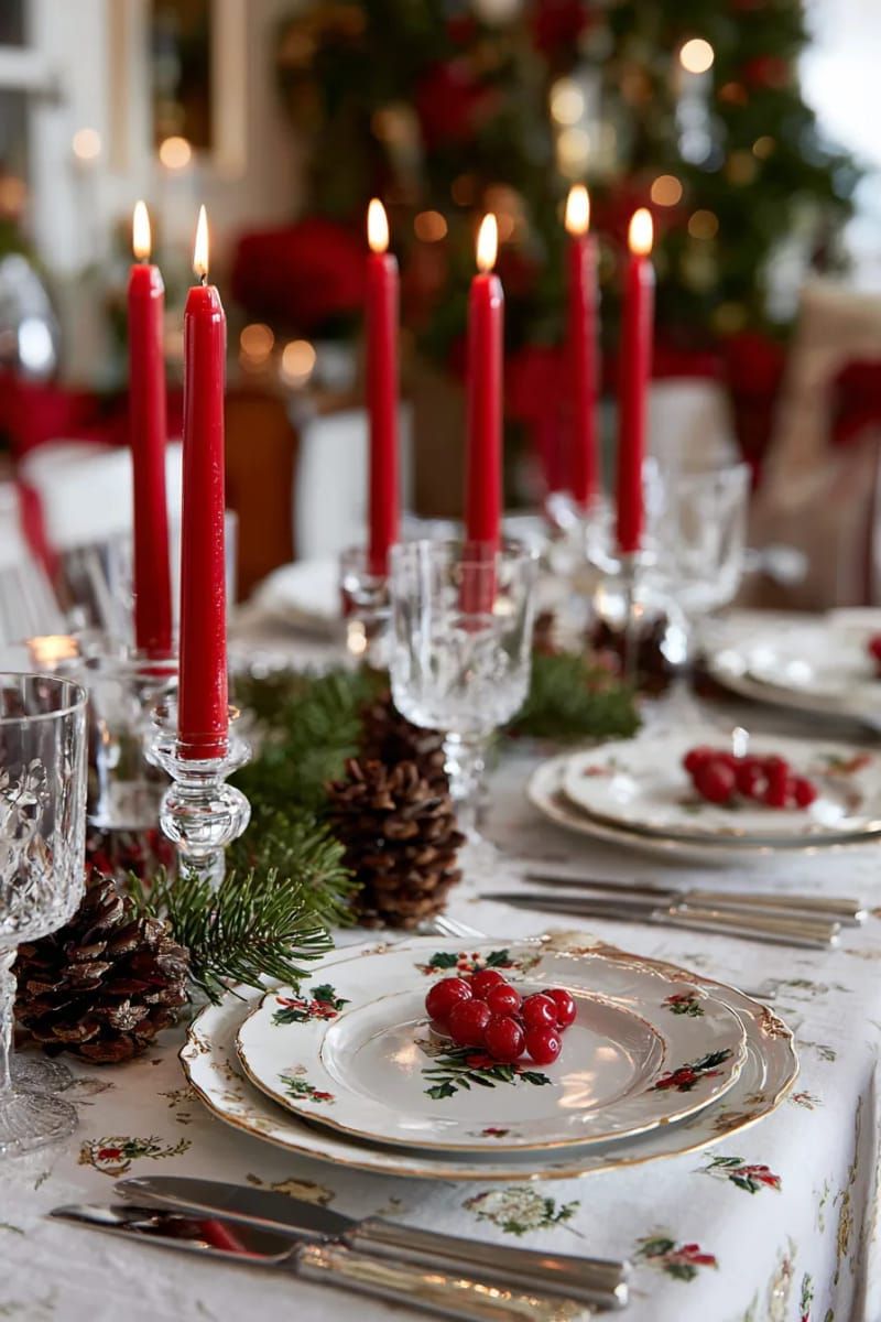 27. Red Taper Candles on an Embroidered Winter Tablecloth - photo 2