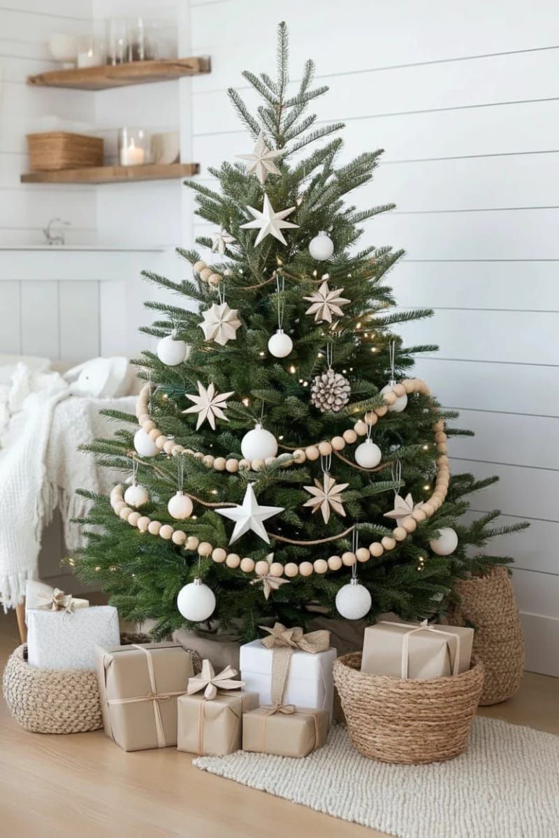 5. Scandinavian tree with white decor and paper stars