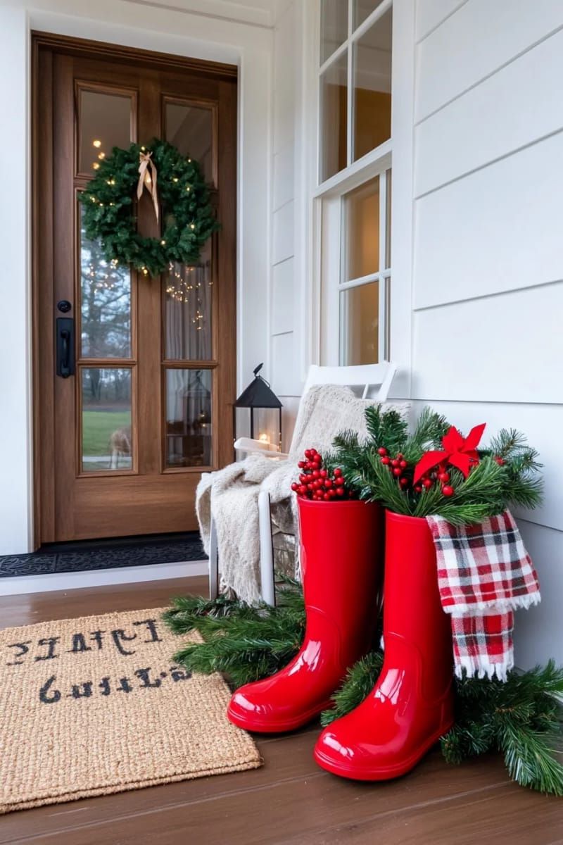 10. Red Boots Decorated with Fir and Holly Berries - photo 2