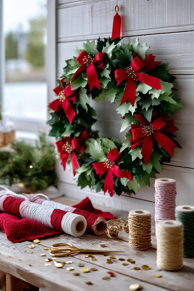 5. Red and green cardstock wreath with mini ribbon bows - photo 2