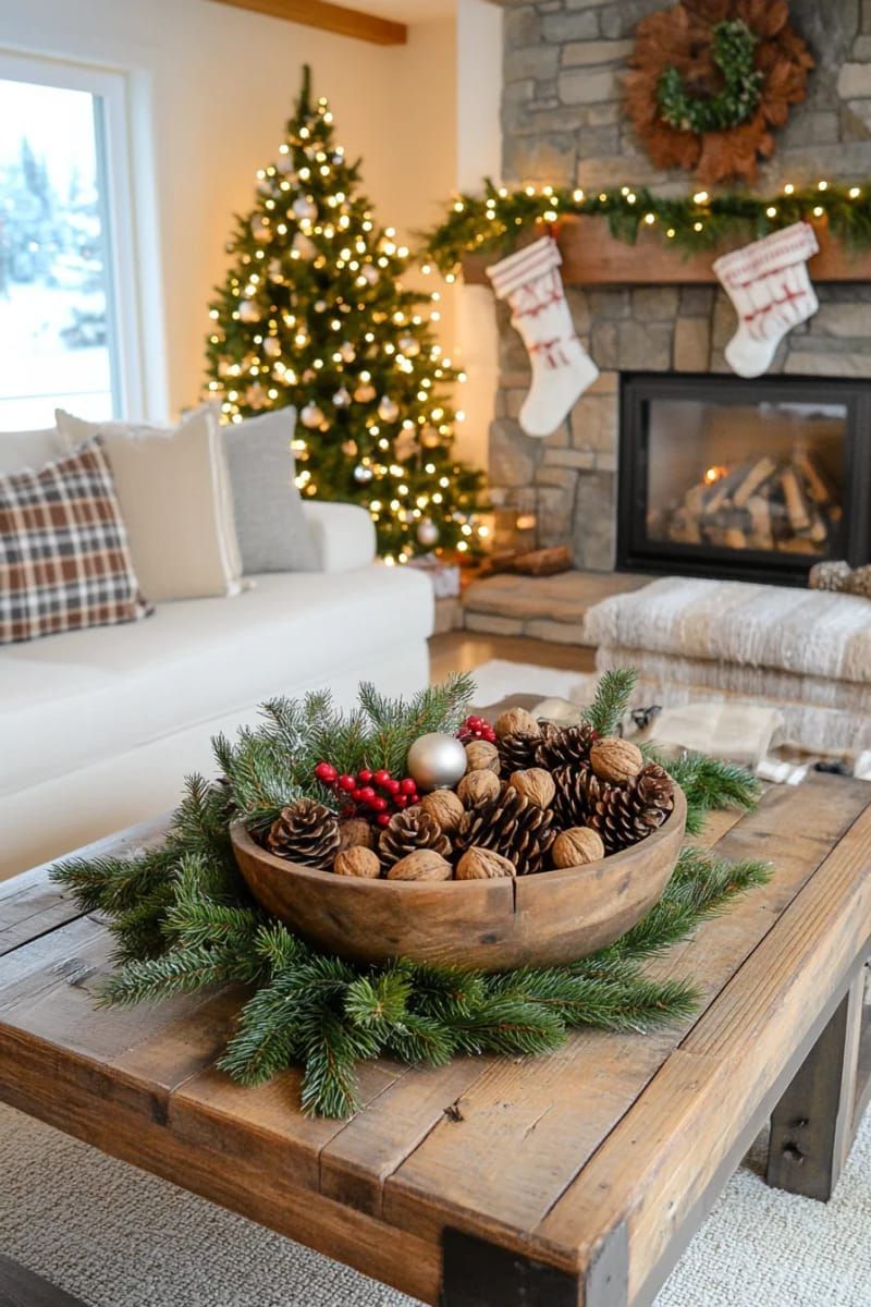 23. Snowy Pinecones and Walnuts in a Wooden Bowl