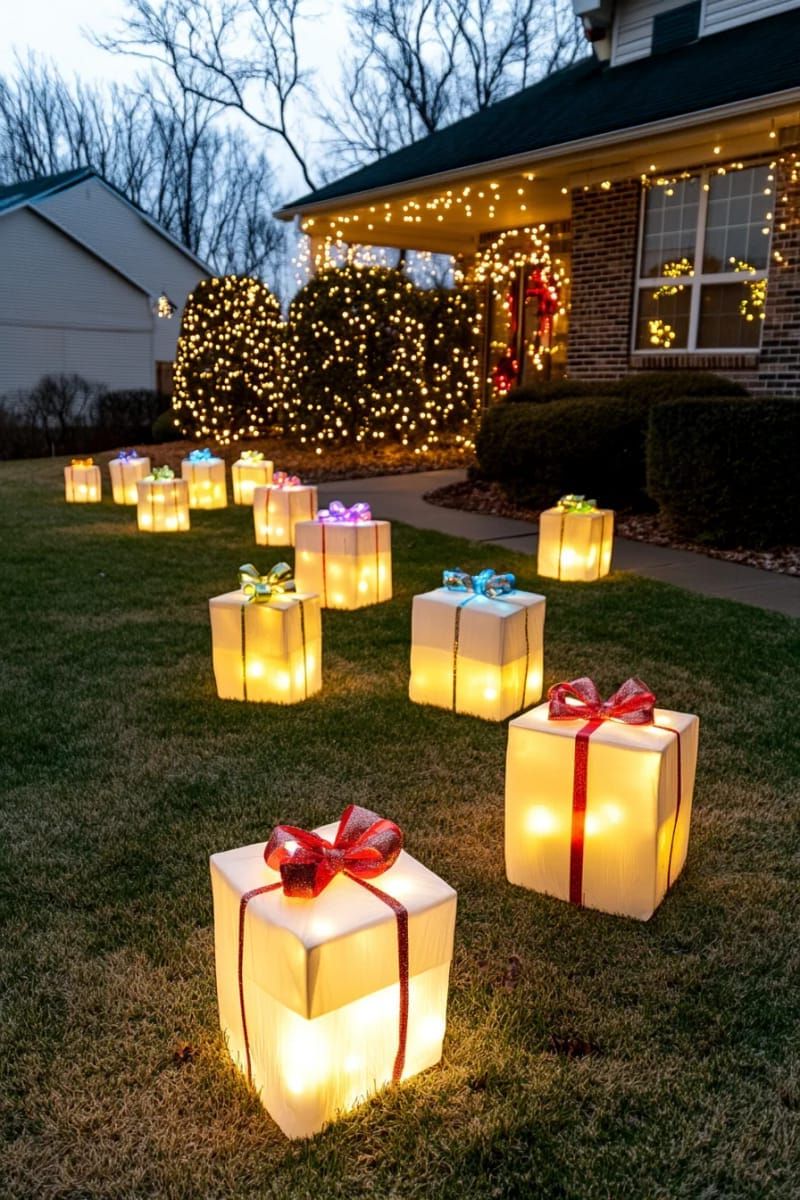 13. Glowing Gift Box Sculptures Across the Yard