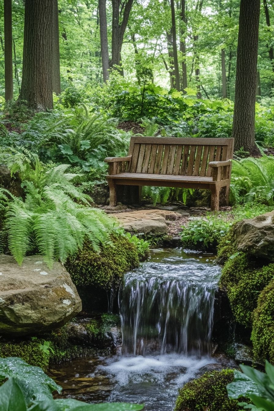 7. Place a Bench Near a Small Waterfall