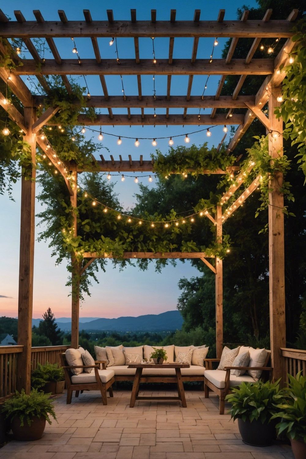Rustic Wood Pergola Strung with Lights