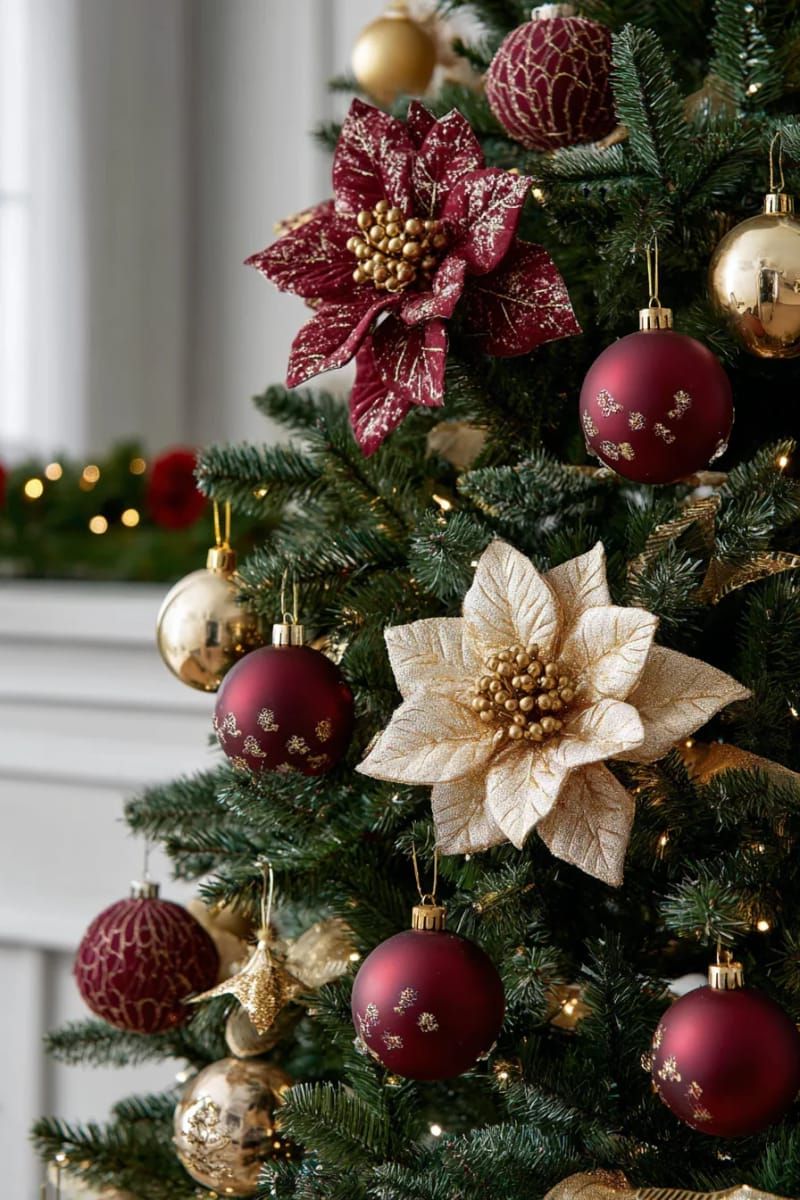 2. Burgundy gold ornaments paired with metallic poinsettias