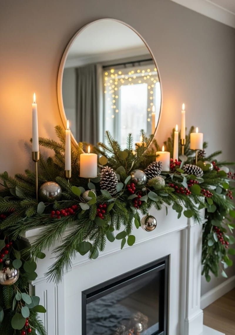 6. Layered mantel with foliage, berries, and candles