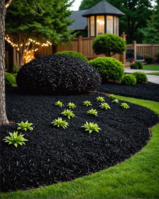 Black Mulch Paired with String Lights