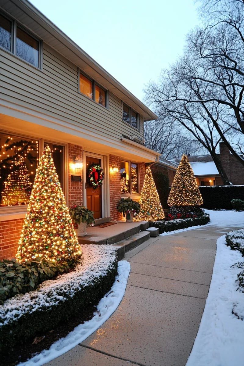 25. Lighted Christmas Tree Outlines on the House Exterior - photo 3