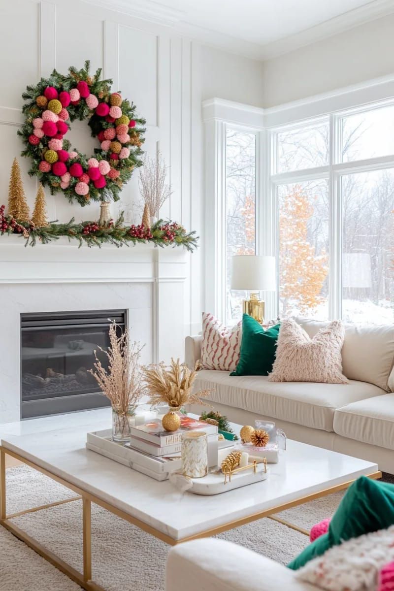 14. Modern Wreath Styled With Felt Pom-Poms