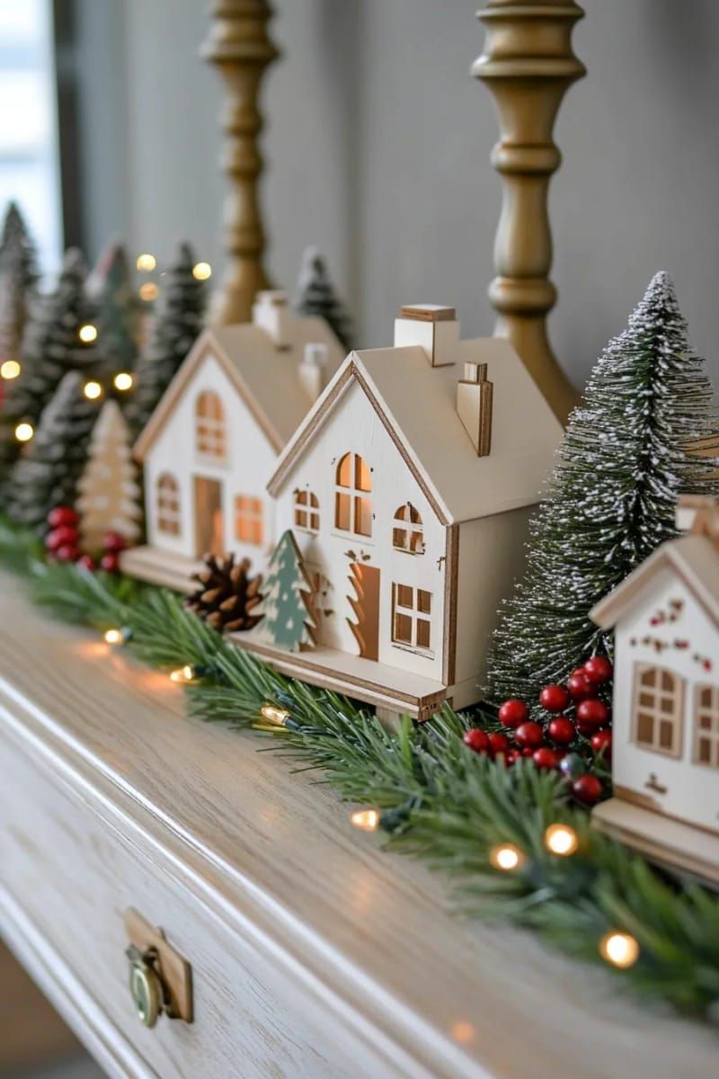 19. Vintage Christmas village displayed on a sideboard