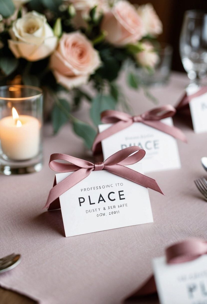 12) Dusty rose ribbon on place cards